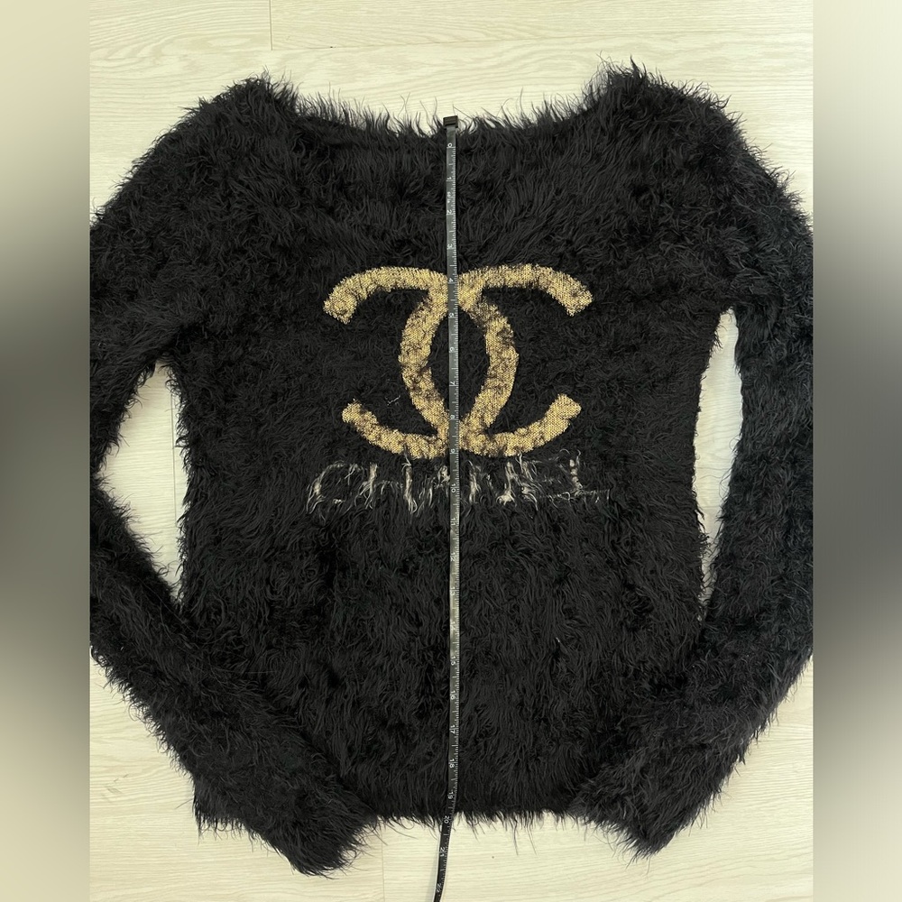 CHANEL Black Fuzzy Off the shoulder Sweater with Gold Emblem - Picture 7 of 8